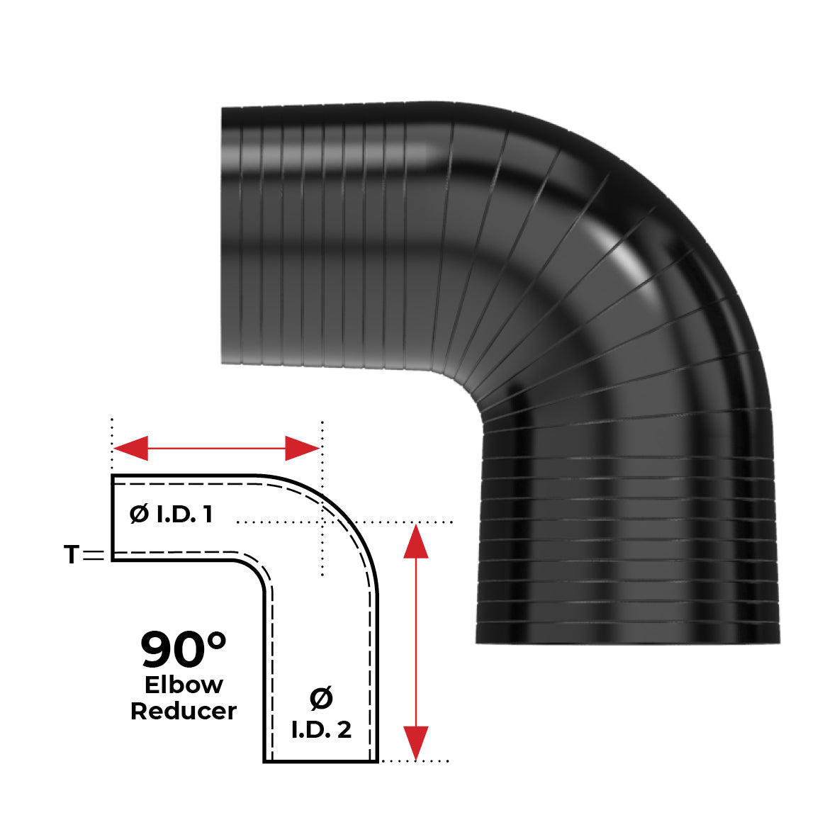 Redback Silicone Hose (2" in, 2-1/2" out) 90° Bend Reducer