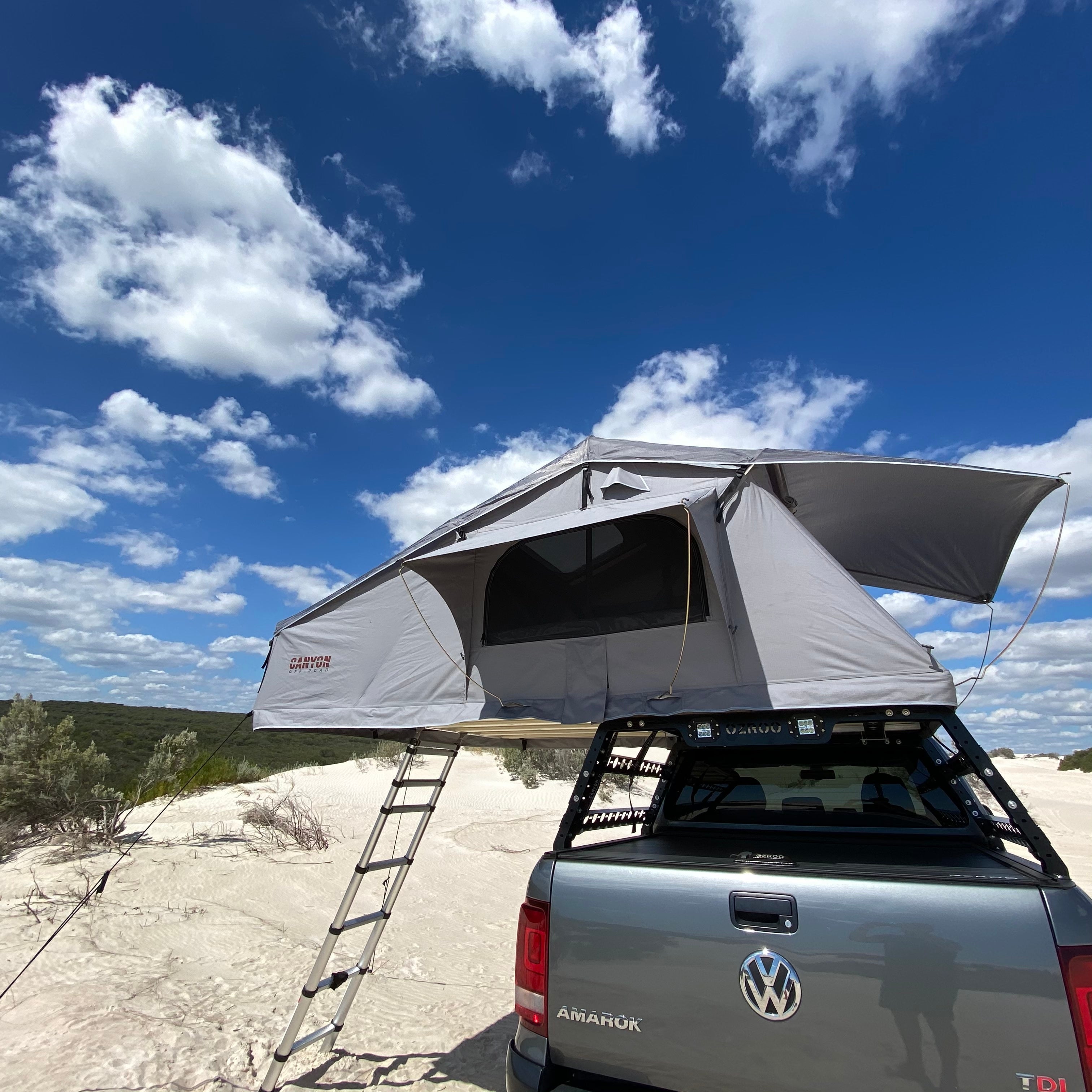 Camping Package - Roof Top Tent - 2 Person LONG STYLE Soft Shell Tent Canyon Offroad