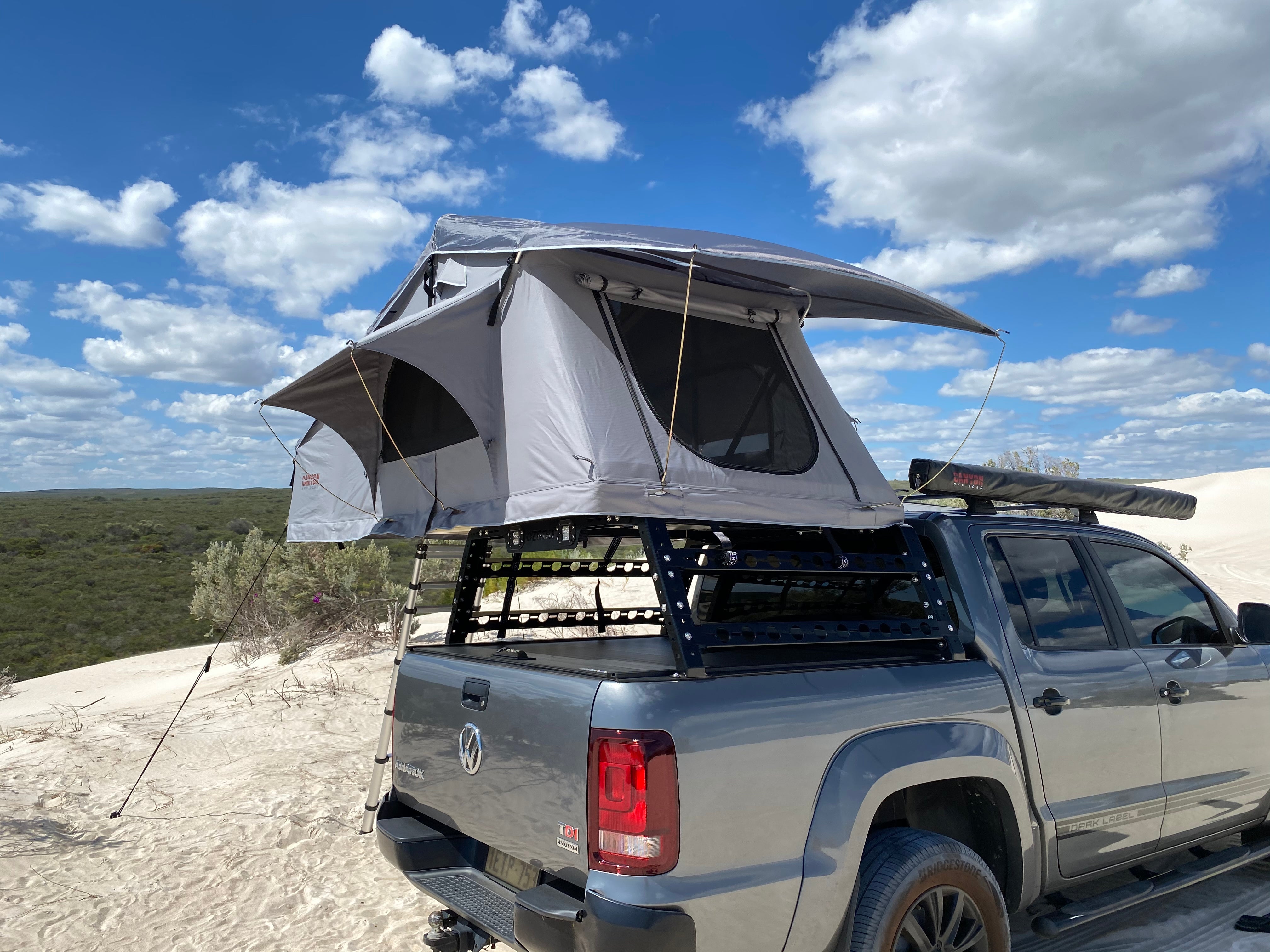 Camping Package - Roof Top Tent - 2 Person LONG STYLE Soft Shell Tent Canyon Offroad