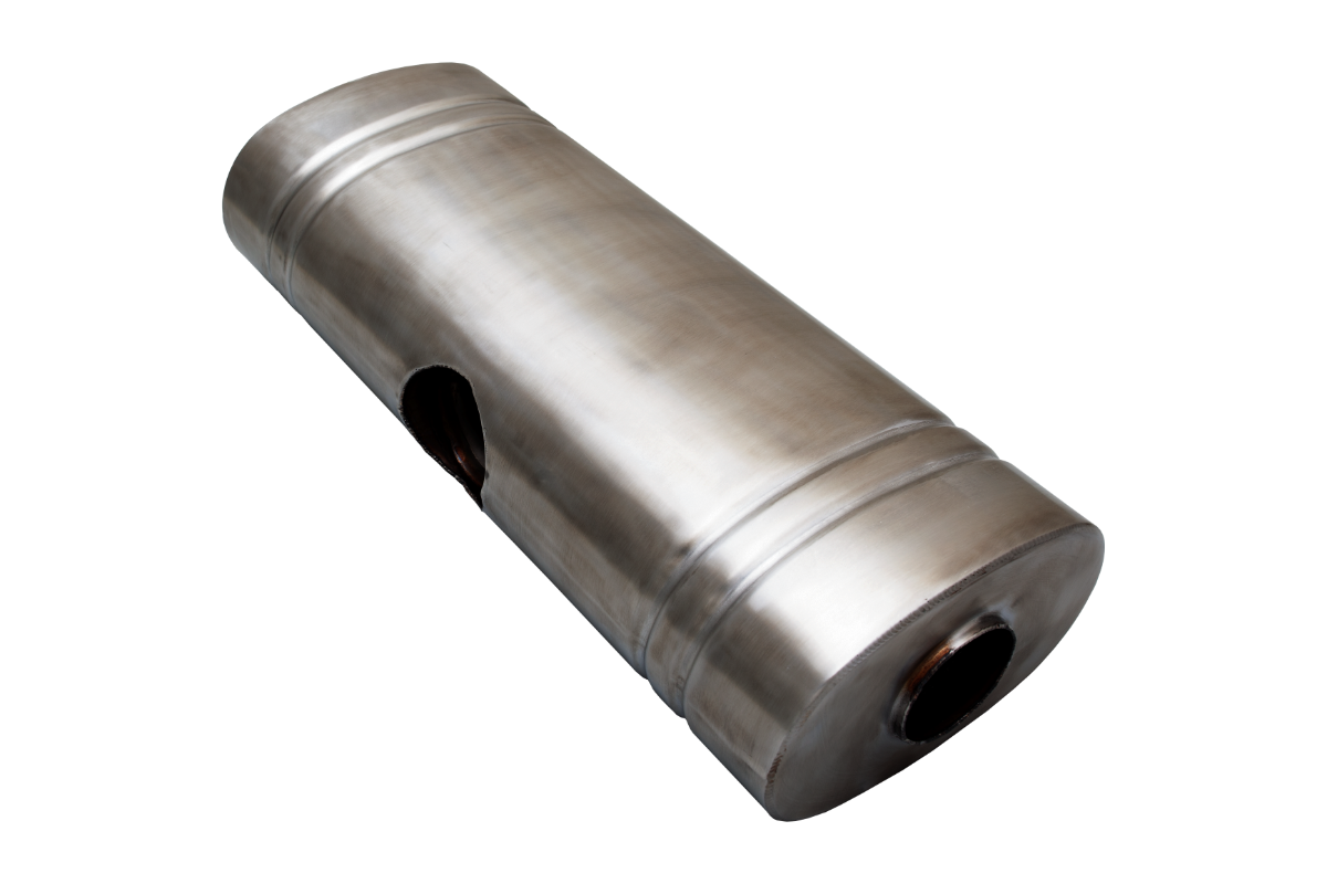 304SS OVAL MUFFLER 8"X 5"X 24"EAST WEST CENTRE 2.5" CENTRE INLET DUAL 2.25" OUTLET